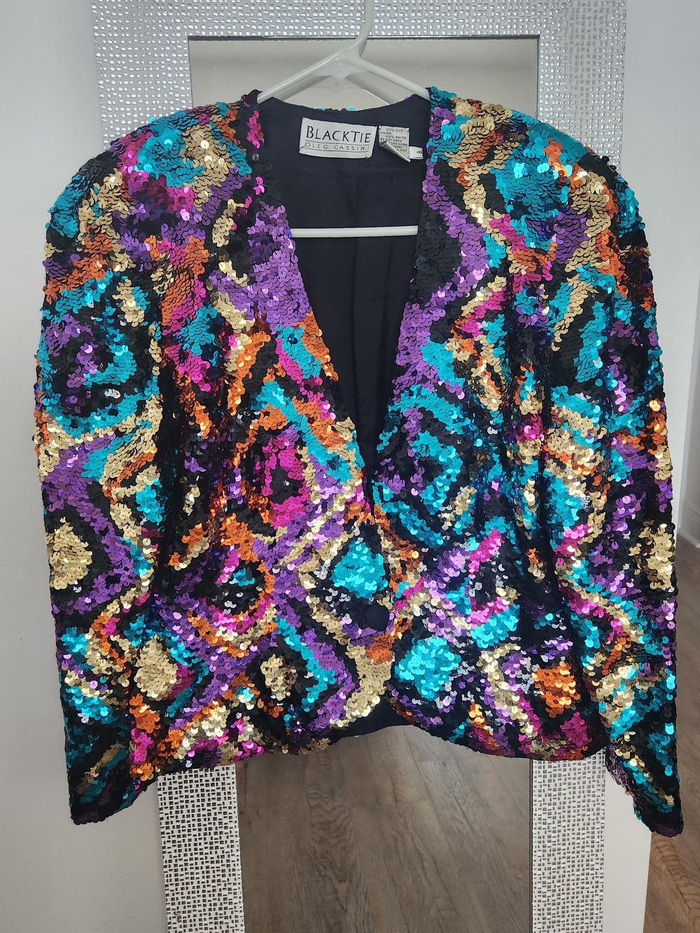 Black Tie Oleg Cassini Multicolor Sequin Blazer in Turquoise, Purple & Gold